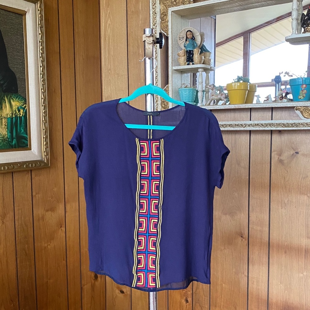 THML Blue Rayon Aztec Embroidered Top